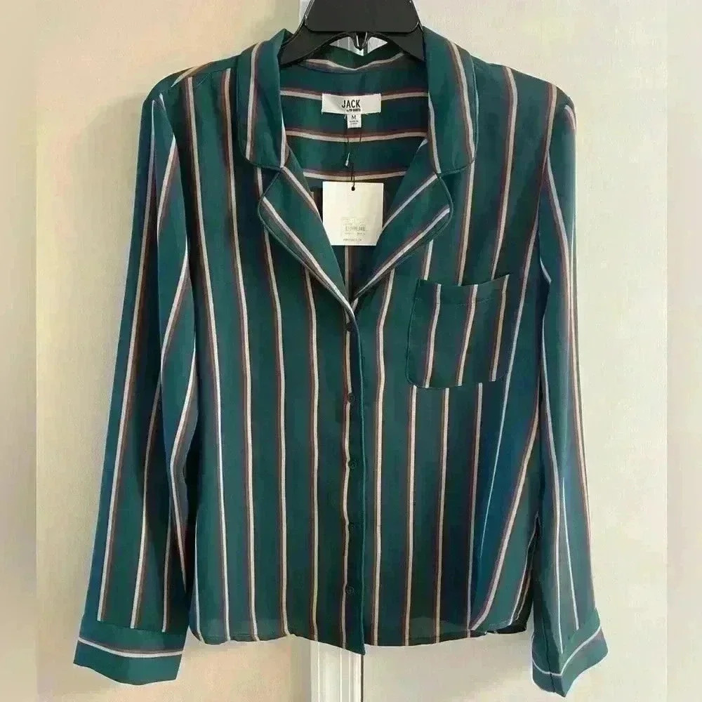 Jack by BB Dakota Teal Green Striped Button-Front Blouse